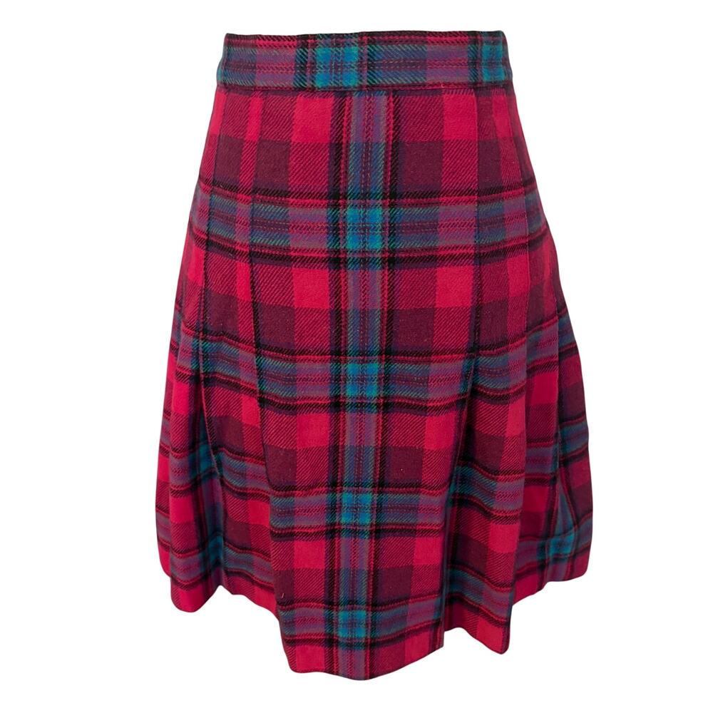 Vintage 70's The Villager Hot Pink Wool Tartan Plaid Pleated Skirt Rockabilly